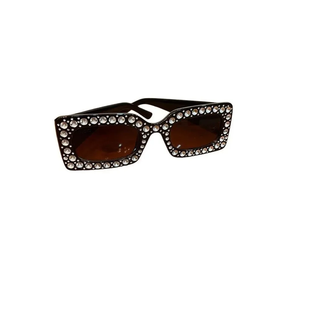 GUCCI black rectangle Diamond Cut Embellished Interlocking Gold G Sunglasses Vtg